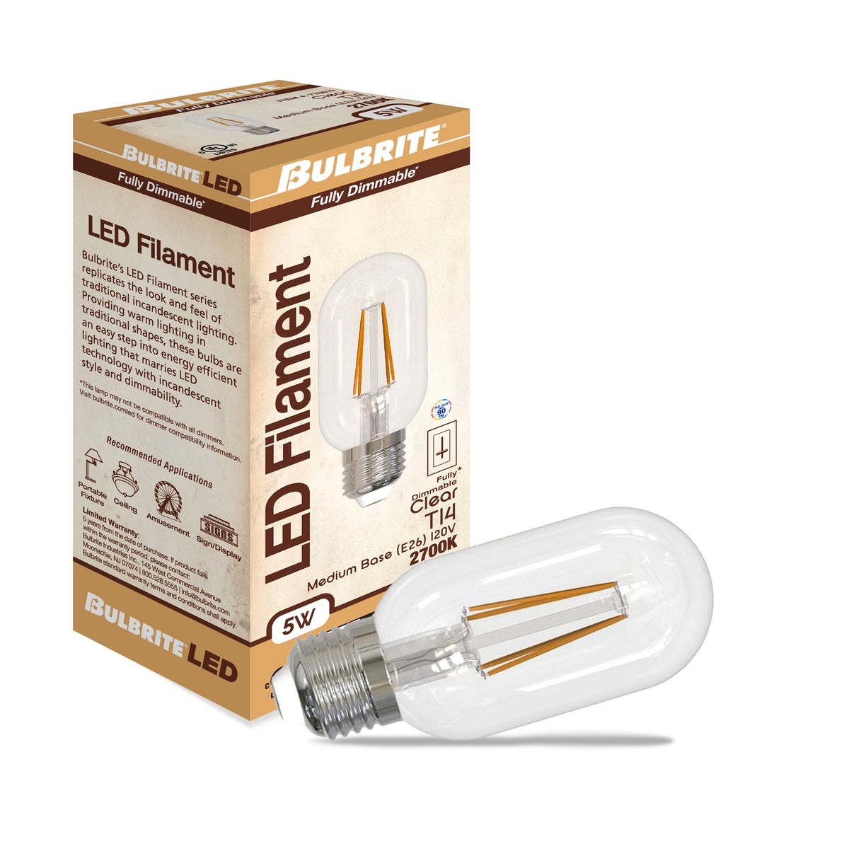 Bulbrite 5W Dimmable Clear Filament T14 E26 Medium Base LED Light Bulb – 450 Lumens, 2700K, 4-Pack