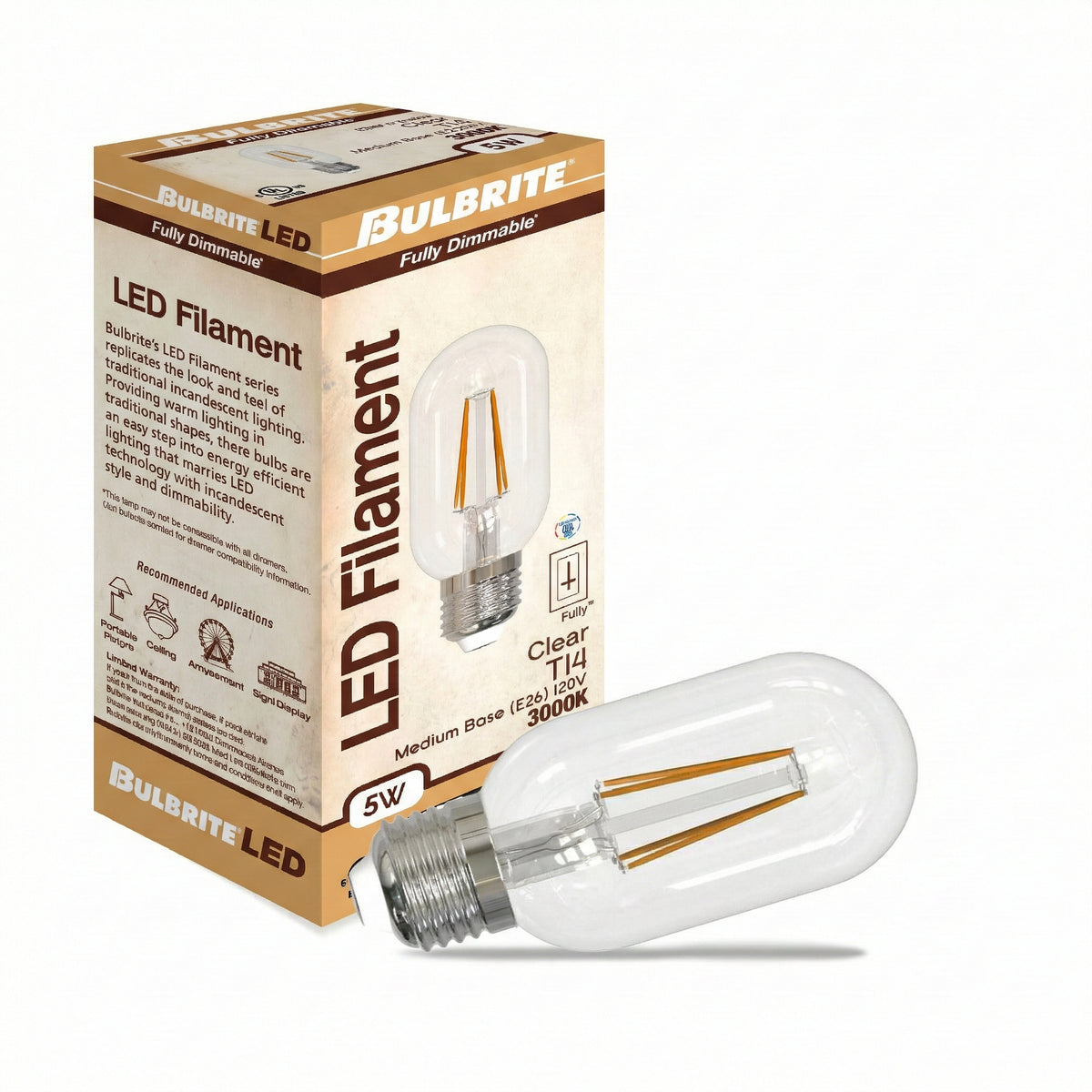 Bulbrite LED Filament 5W Dimmable T14 Light Bulb with a Clear Finish and E26 Medium Base – 3000K Soft White Light, 450 Lumens, 4-Pack