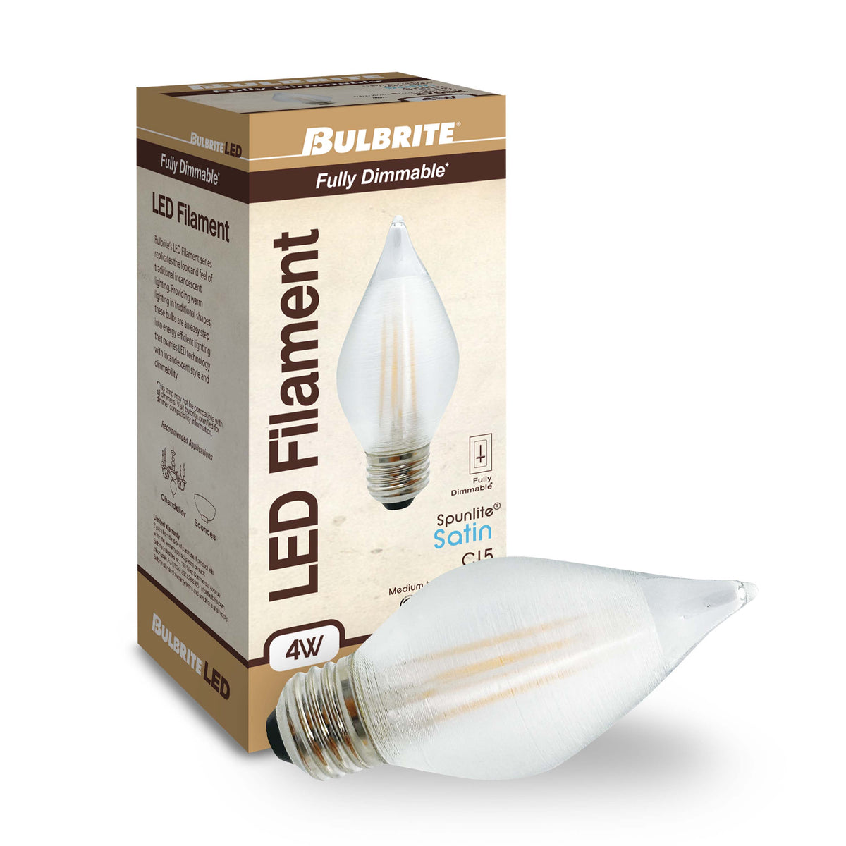 Bulbrite Spunlite 4W Dimmable C15 LED Filament Light Bulb with Satin Glass Finish and E26 Medium Base – 2700K Warm White Light, 350 Lumens, 4-Pack