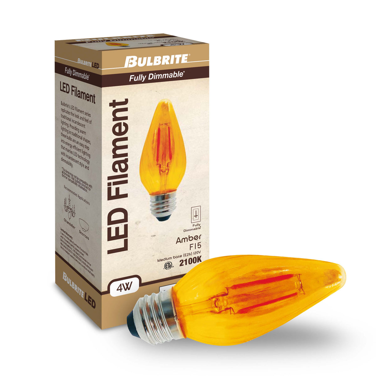 Bulbrite Fiesta 4W Dimmable F15 LED Filament Light Bulb with Amber Glass Finish and E26 Medium Base – 2100K Amber Light, 280 Lumens, 4-Pack