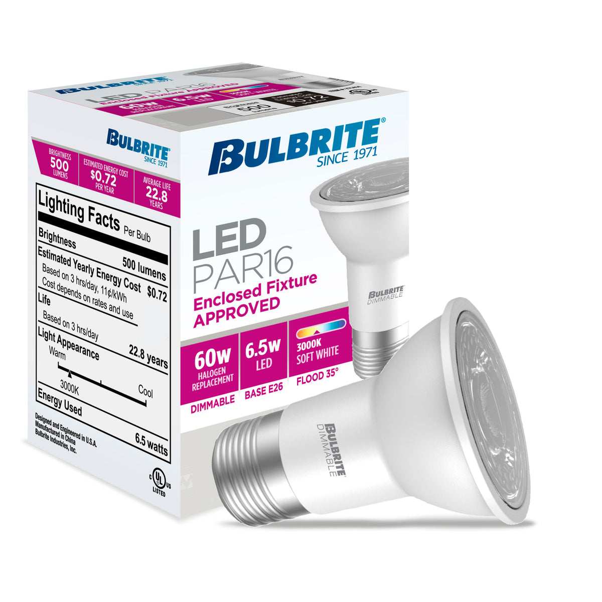 Bulbrite LED Filament 6.5W Dimmable PAR16 Light Bulbs with Frost Glass Finish and E26 Medium Base – 3000K Cool White Light, 500 Lumens, 4-Pack