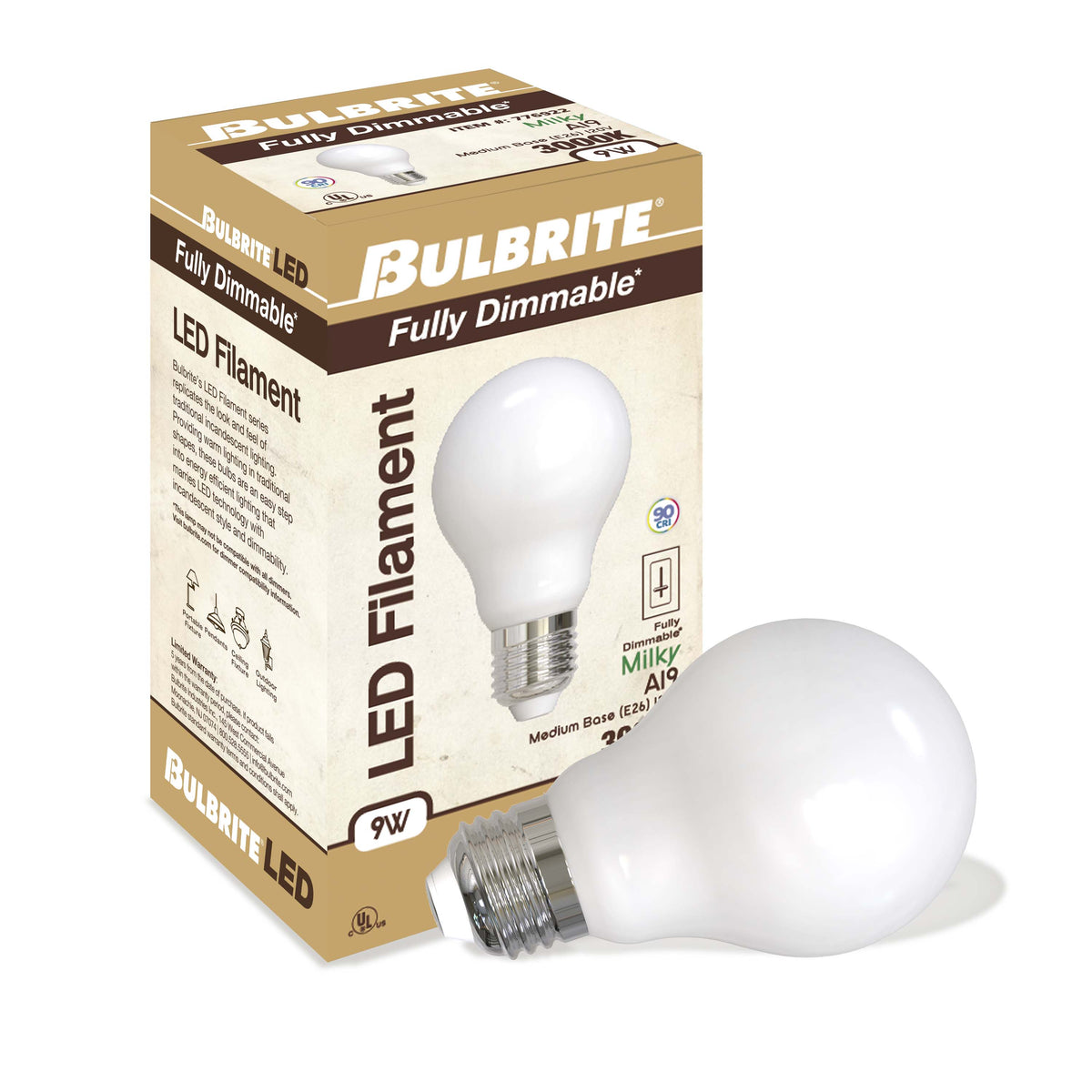 Bulbrite LED Filament 9W Dimmable A19 Light Bulb with Milky Glass Finish and E26 Medium Base – 3000K Soft White Light, 1100 Lumens, 4-Pack