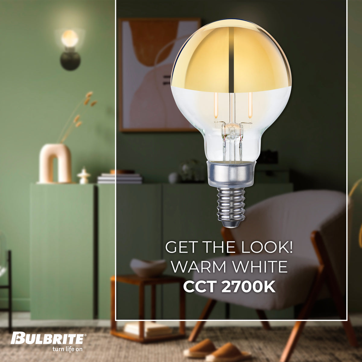 Bulbrite LED Filament 2.5W Dimmable G16 Light Bulb with Half Gold Glass Finish and E12 Candelabra Base – 2700K Warm White Light, 200 Lumens, 4-Pack