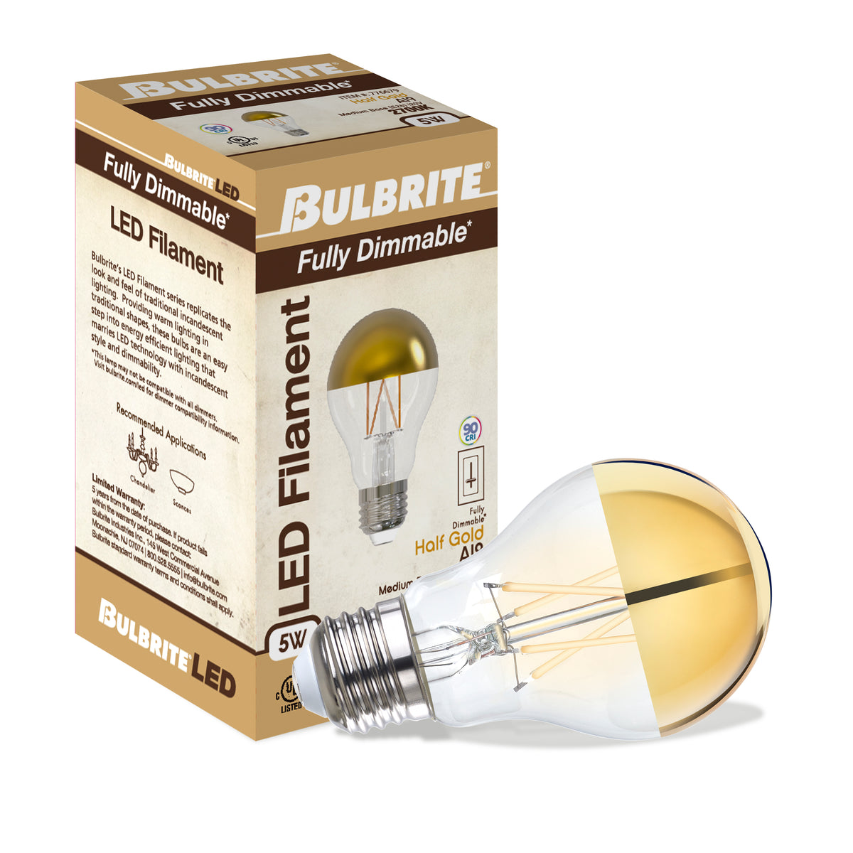 Bulbrite LED Filament 5W Dimmable A19 Light Bulb with Half Gold Glass Finish and E26 Medium Base – 2700K Warm White Light, 400 Lumens, 4-Pack