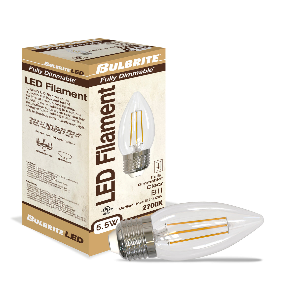 Bulbrite LED Filament 5.5W Dimmable B11 Light Bulbs with Clear Glass Finish and E26 Medium Base – 2700K Warm White Light, 500 Lumens, 4-Pack