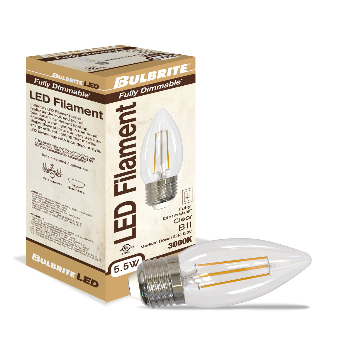 Bulbrite LED 5.5W Dimmable B11 Light Bulb with a Clear Finish and a Medium Screw E26 – 3000K Soft White Light 500 lumens, 3-Pack