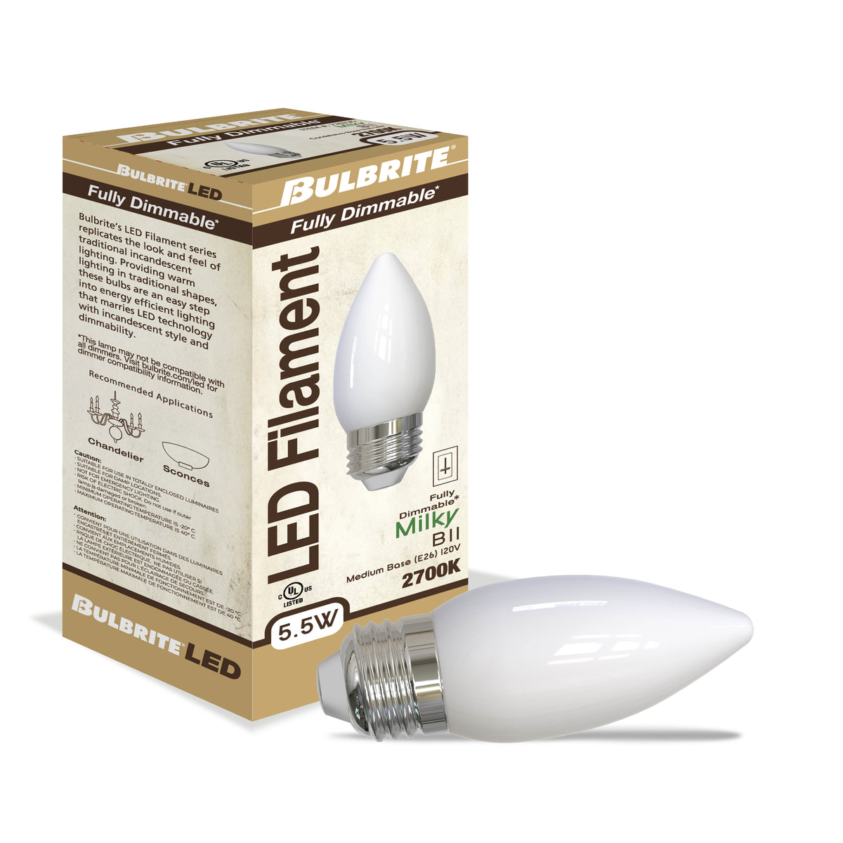 Bulbrite LED Filament 5.5W Dimmable B11 Light Bulbs with Milky Finish and E26 Medium Base – 2700K Warm White Light, 500 Lumens, 4-Pack