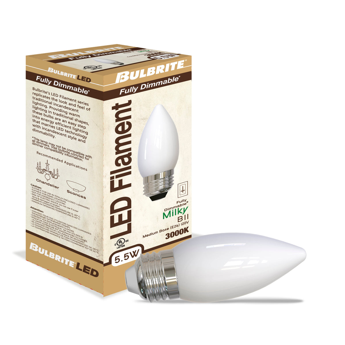 Bulbrite LED 5.5W Dimmable B11 Light Bulb with a Milky Finish and a Medium Screw E26 – 3000K Soft White Light 500 lumens, 3-Pack