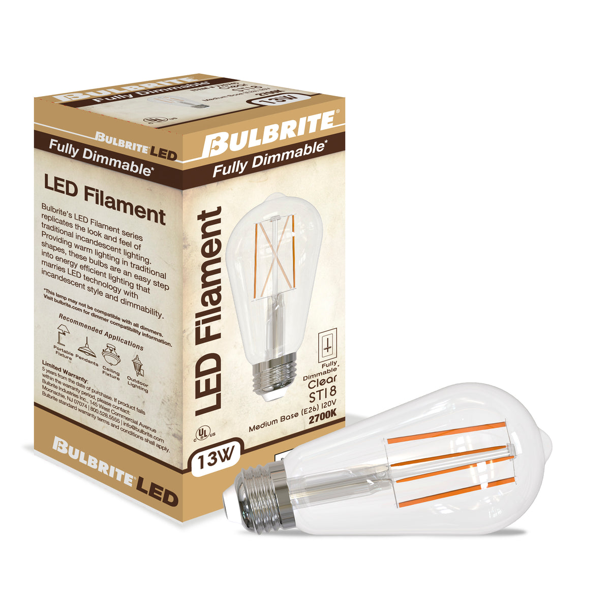 Bulbrite LED Filament 13W Dimmable ST18 Light Bulbs with a Clear Finish and E26 Medium Base – 2700K Warm White Light, 1400 Lumens, 4-Pack