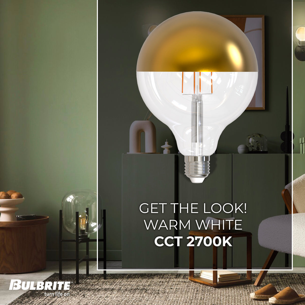 Bulbrite LED Filament 6W Dimmable G40 Light Bulbs with a Half Gold Finish and E26 Medium Base – 2700K Warm White Light, 500 Lumens, 4-Pack