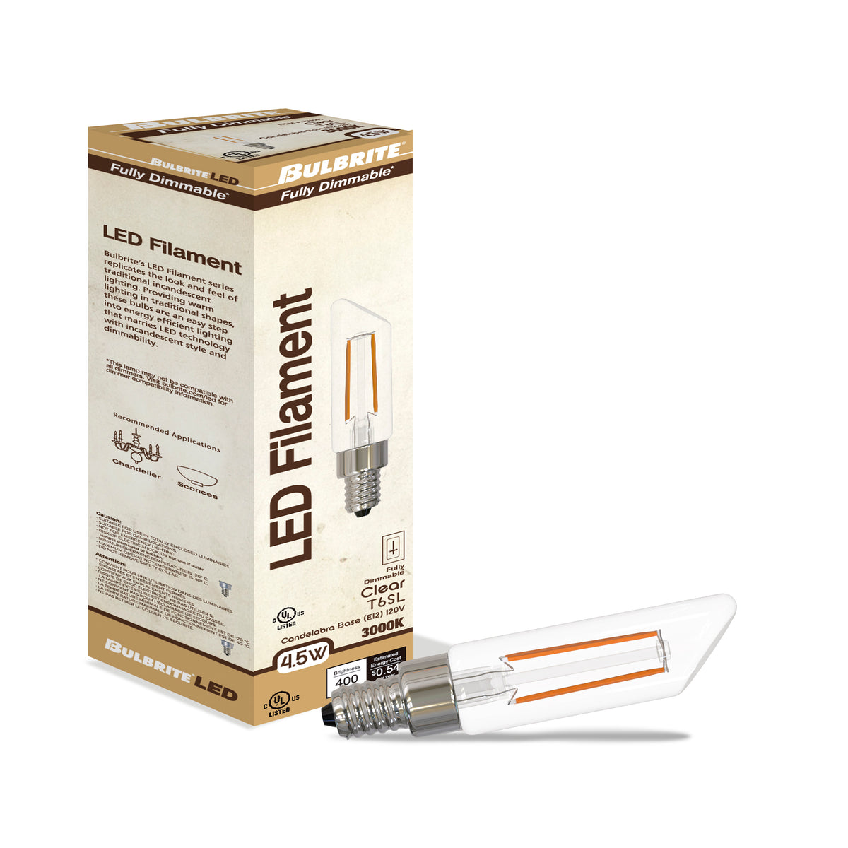 Bulbrite LED Filament 4.5W Dimmable T6SL Light Bulbs with a Clear Finish and E12 Candelabra Base – 3000K Soft White Light, 400 Lumens, 4-Pack