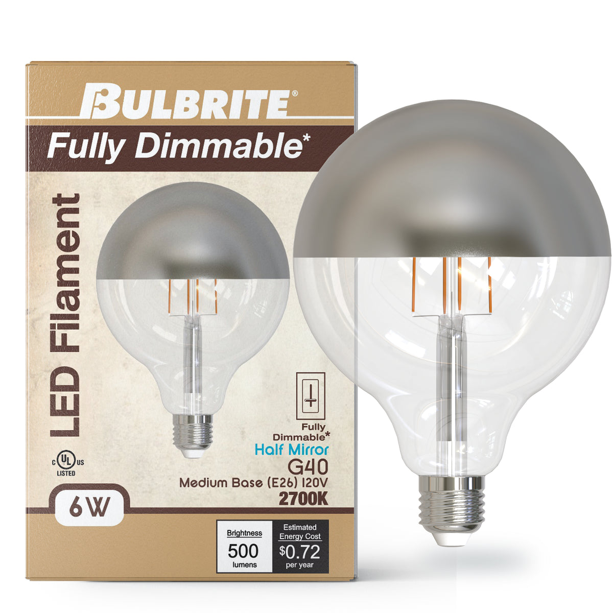 Bulbrite LED Filament 6W Dimmable G40 Light Bulbs with a Half Mirror Finish and E26 Medium Base – 2700K Warm White Light, 500 Lumens, 4-Pack