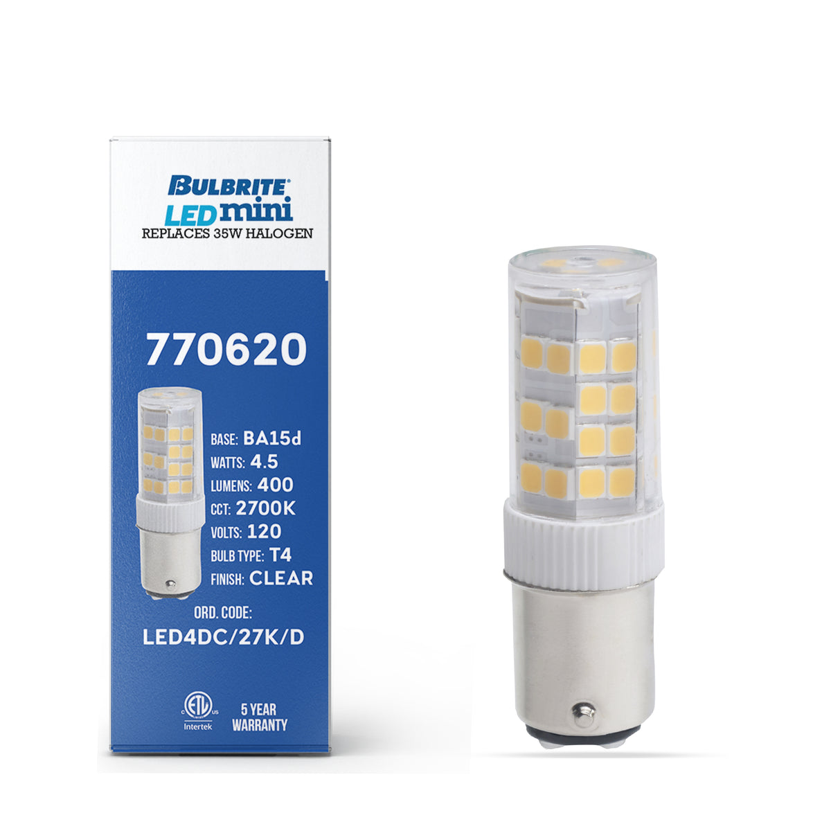 Bulbrite LED 4.5W Dimmable T5 Light Bulb with a Frost Finish and a Double – Contact Bayonet BA15d – 2700K Warm White Light 400 lumens, 3-Pack