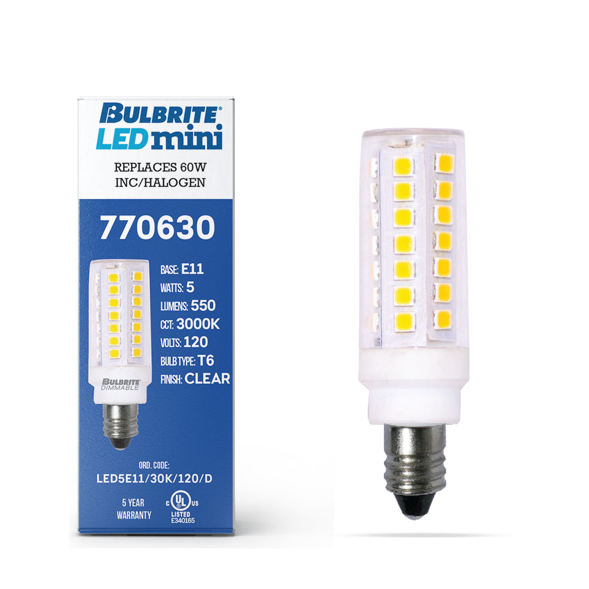 Bulbrite LED 5W Dimmable T6 Light Bulb with a Forst Finish and a Mini – Candelabra Screw E11 – 3000K Soft White Light 550 lumens, 3-Pack