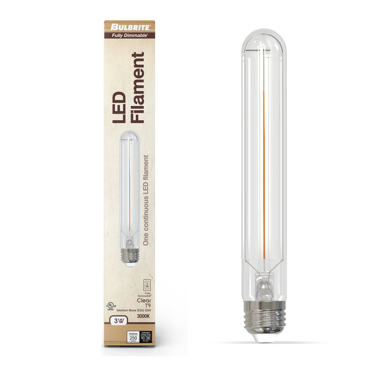 Bulbrite T9 7.5-Inch LED Light Bulb, 3W, 25W Equivalent, 3000K, E26 Medium Base, Clear, Dimmable, 250 Lumens, 3-Pack