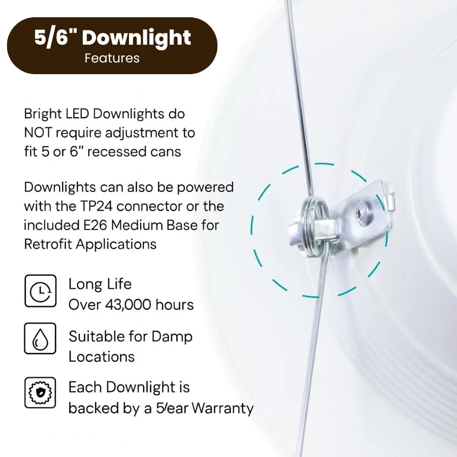 6" LED Retrofit Recessed Downlight, 15W (120W Equivalent), 1100 Lumens, 5CCT Selectable (2700K/3000K/3500K/4000K/5000K), Dimmable, ETL & Energy Star Listed