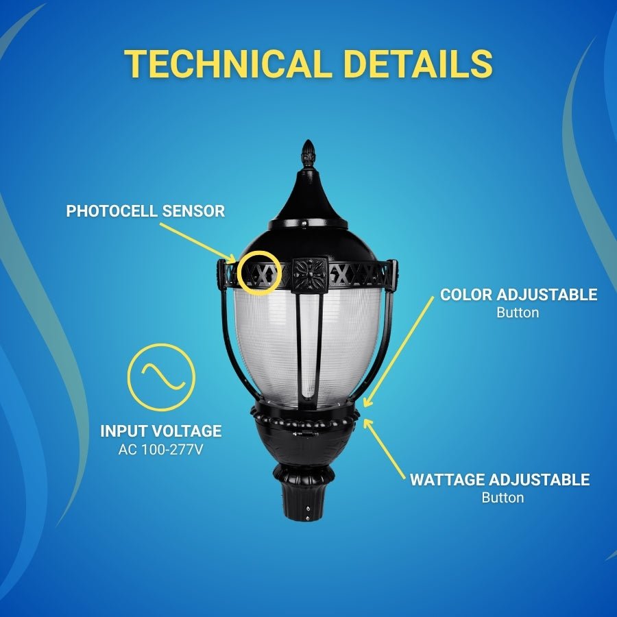 3-Way Post Top LED Acorn Light Fixture - Selectable 100W/80W/60W, 3K/4K/5K CCT, AC100-277V - Black T5 3" Pole Mount, Waterproof PC Cover, Big Housing, Vintage Style Exterior Lantern with Photocell Option for Driveway, Front Yard, Garden