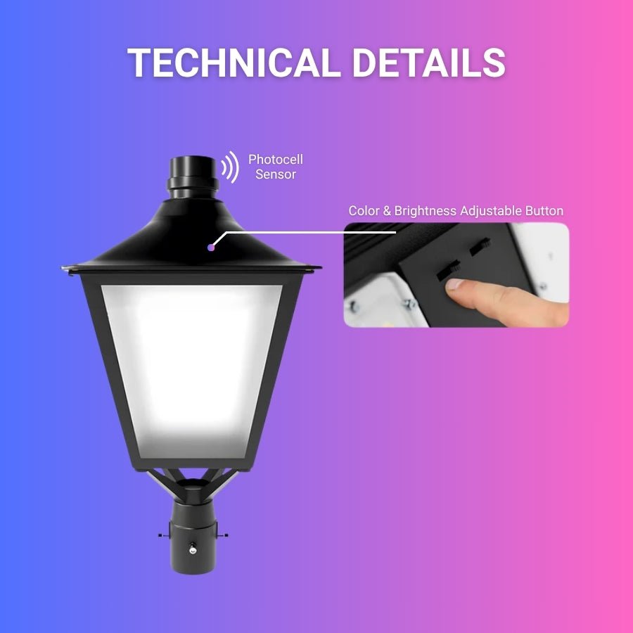 30W/50W/60W LED Dusk to Dawn Outdoor Light - 3900/6500/7800LM, 3000K/4000K/5000K CCT, Post Top Lantern with Frosted Glass & 3" Pole Mount, Photocell Sensor, AC100-277V Black T5, Vintage Style Exterior Light for Street, Yard, Patio, Garage