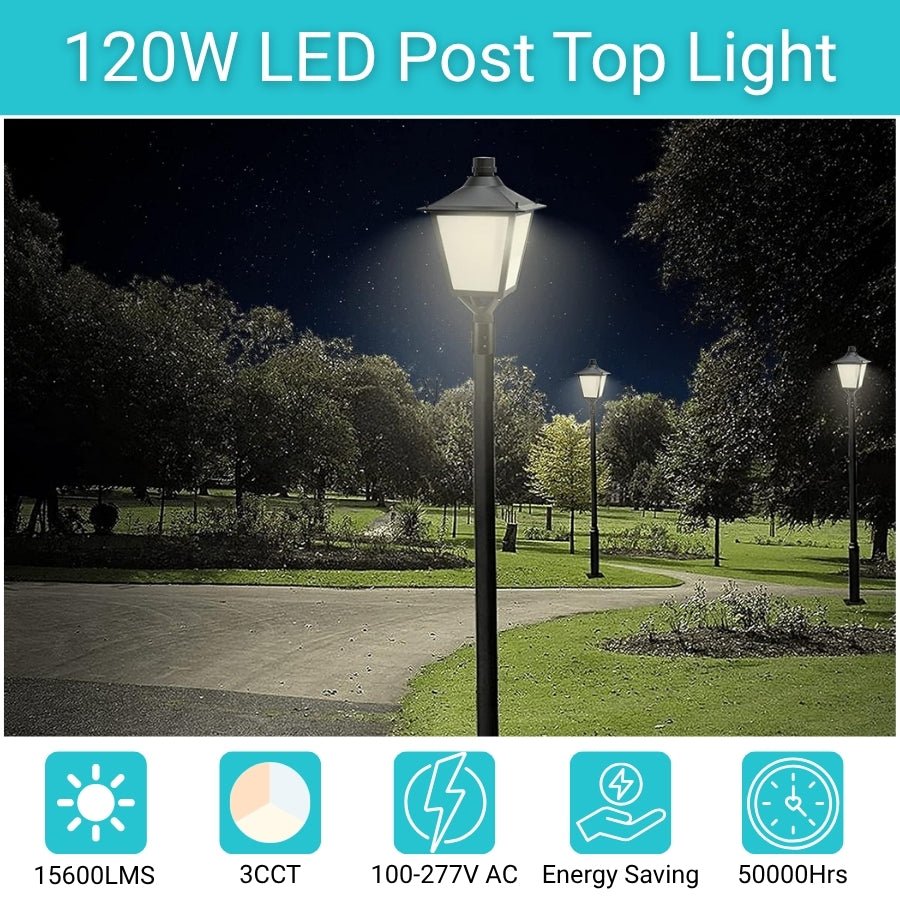 120W LED Dusk to Dawn Outdoor Light - 15600LM, 3000K CCT, Post Top Lantern with PC Cover & 2 3/8" Pole Mount, Photocell Sensor, AC100-277V Black T5, Vintage Style Exterior Light for Street, Yard, Patio, Garage