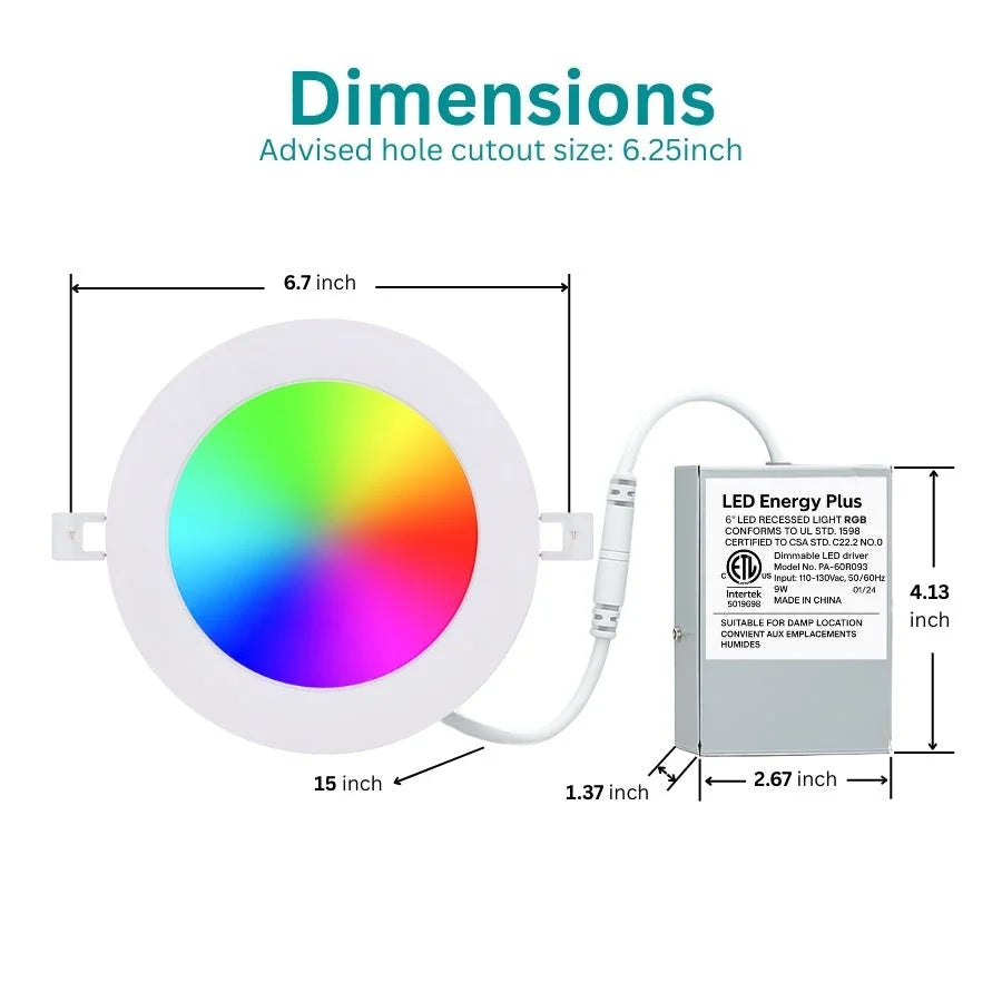 Smart Recessed Lighting 6 Inch - 12W RGB LED Downlights with Junction Box, 1080 Lumen, Canless Wafer Ceiling Lights, Work with Alexa, Music Sync, DIY Scenes, Timer, 23 Modes