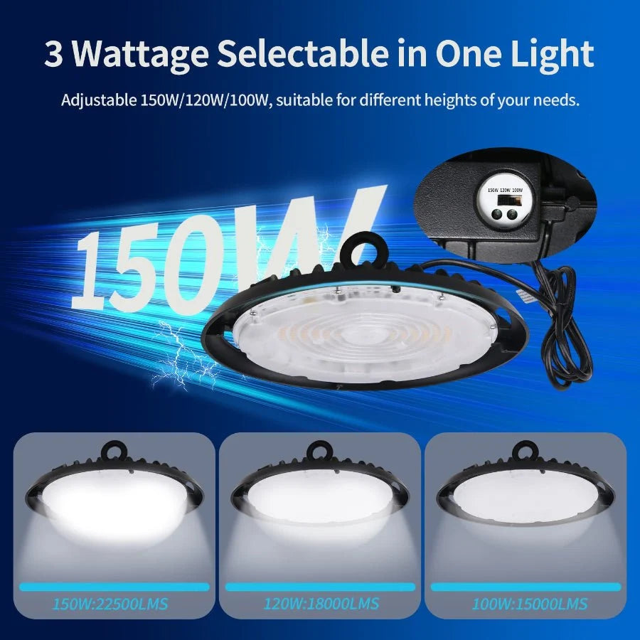 150W/120W/100W UFO LED High Bay Light, 24000Lumens, 3 Colors 4K 5K 5.7K, 6FT Hardwire & Dimmable Cables with G1/2 Hook, IP65, 120-277V, UL DLC Certified - Warehouse Gym Factory Commercial Lighting