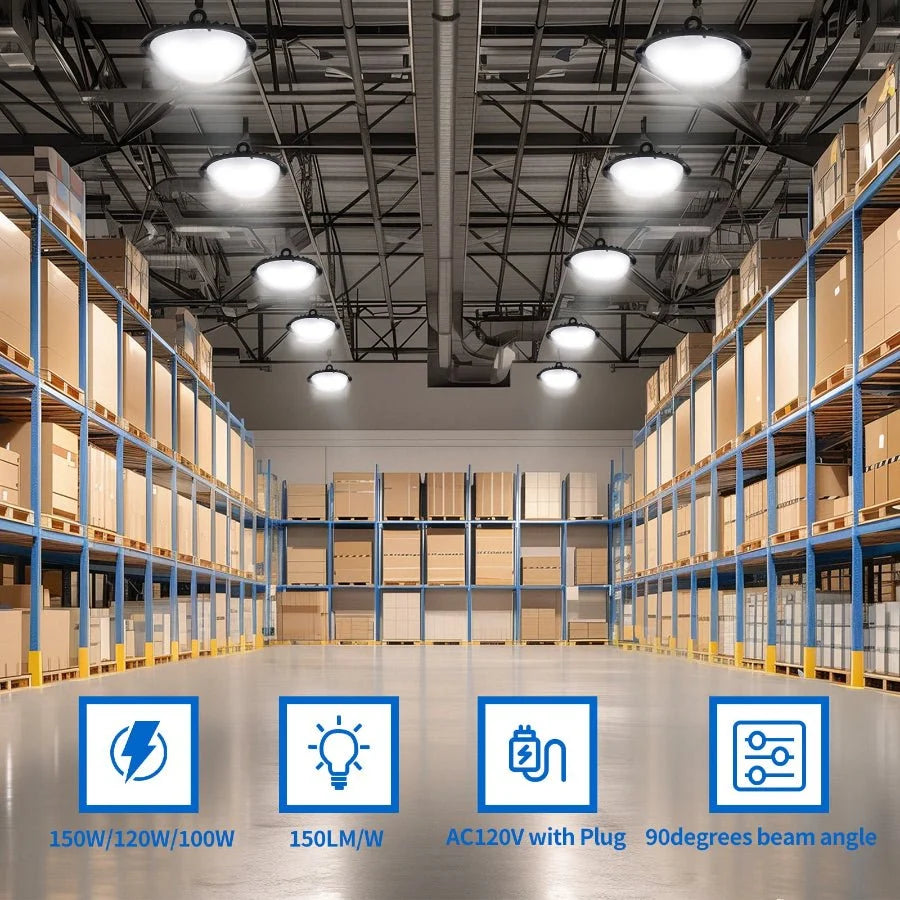 UFO LED High Bay Light, 150W/120W/100W Changeable, Plug & Play Lighting For Warehouse, 22500 Lumens, 5700K Cool White, UL&CUL Listed, 90 Degree Beam Angle, AC120V With 6' Power Cord Included