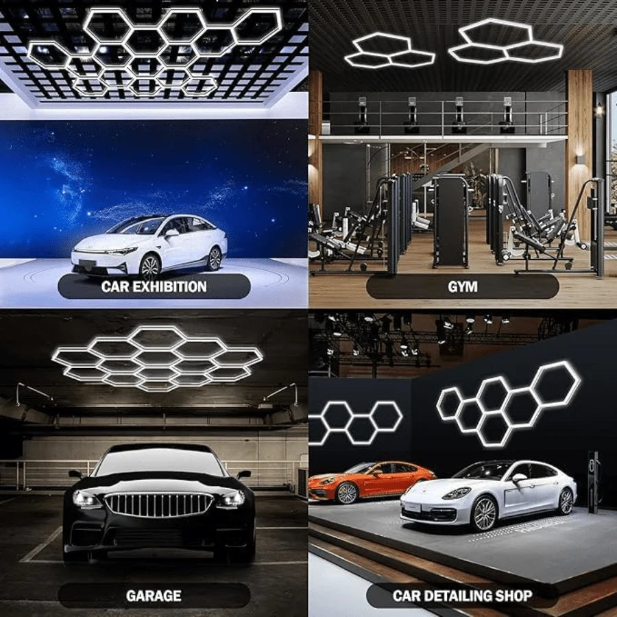 Hexagon Garage Light 128W 15360lumens 6500K 3 Honeycomb Ceiling Hex Lights Hexagon LED Lights For Garage Gym Basement Warehouse Auto Beauty Shop Car Detailing Hair Salon Workshop Lighting