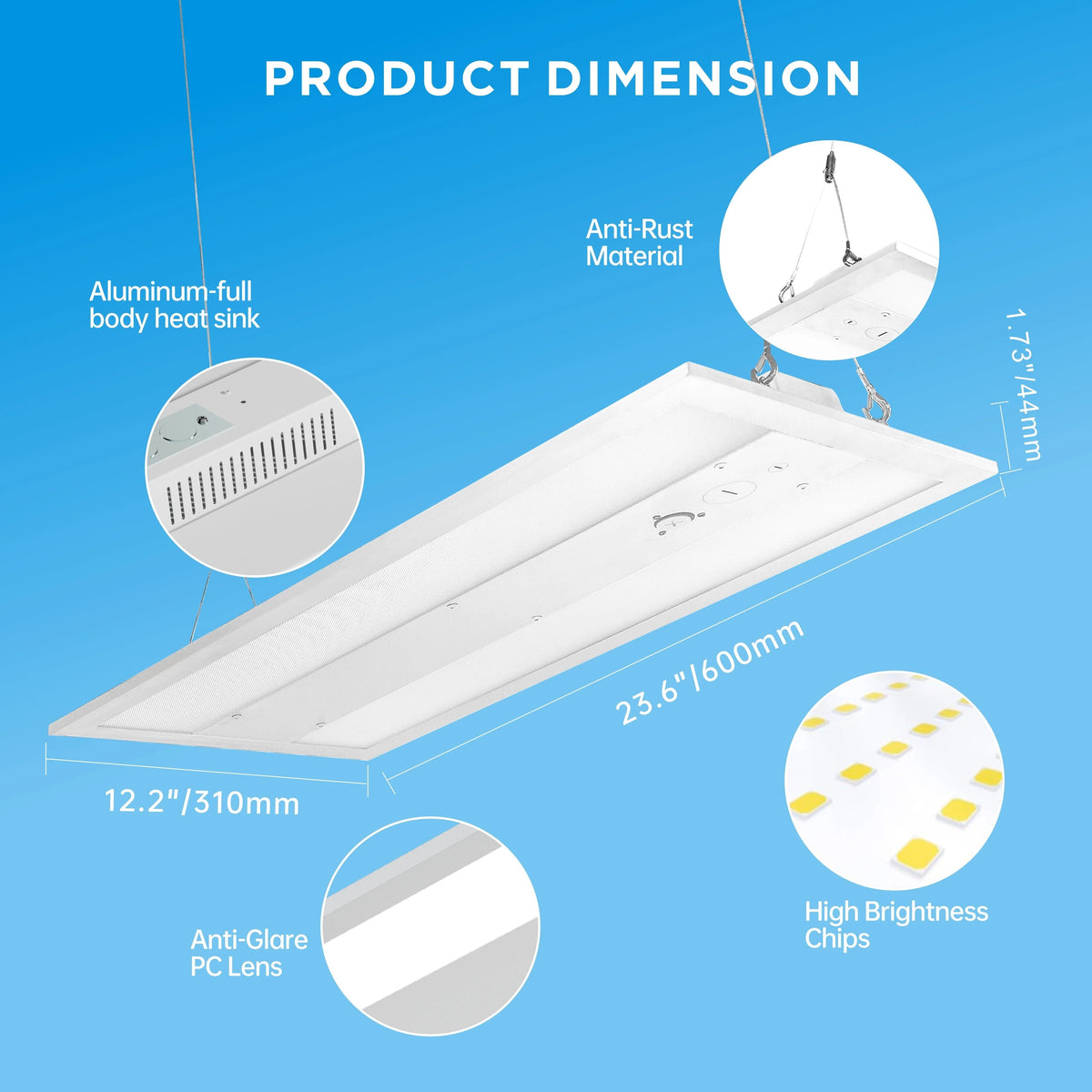 LED Linear High Bay Shop Light 2FT, 165W 23925LM 145LM/W, 4000K/5000K/5700K, 0-10V Dimmable, 100-277V, Hanging Light for Warehouse, ETL Listed, 2 Pack