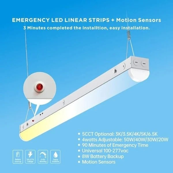 LED Shop Light, 4ft With Motion Sensor, Lighting Fixtures, Emergency Battery Backup, Adjustable 20W-50W, 6500LM, 5 Colors 3000K-6500K, ETL Linkable Ceiling Light