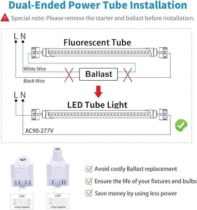 T8 8FT LED Tube Light, 8 Foot T8 V Shaped Single Pin FA8 Base, Ballast Bypass 270° 50W 6750LM, 6500K Cool White, Clear PC Cover (Replace 150W LED Fluorescent Bulbs) Dual-Ended Power AC100-277V