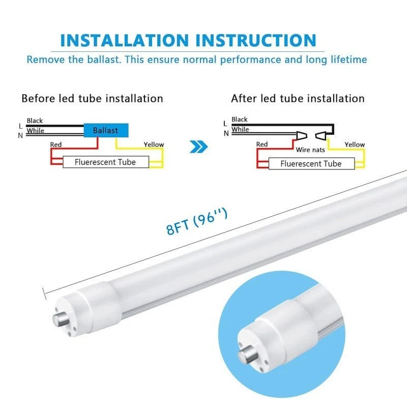 T8 8FT LED Tube Light, 8 Foot T8 LED Tube Light Single Pin FA8 Base, Ballast Bypass 50W 6750LM, 6500K Cool White, Frosted Cover (Replace 150W LED Fluorescent Bulbs) Dual-Ended Power AC100-277V