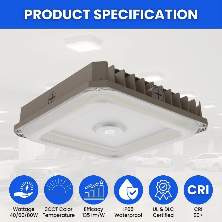 Garage Canopy Light, 40W/60W/80W Selectable Wattage, 3CCT 3500K/4000K/5000K, Dimmable LED Fixture, IP65 Waterproof, UL DLC Listed