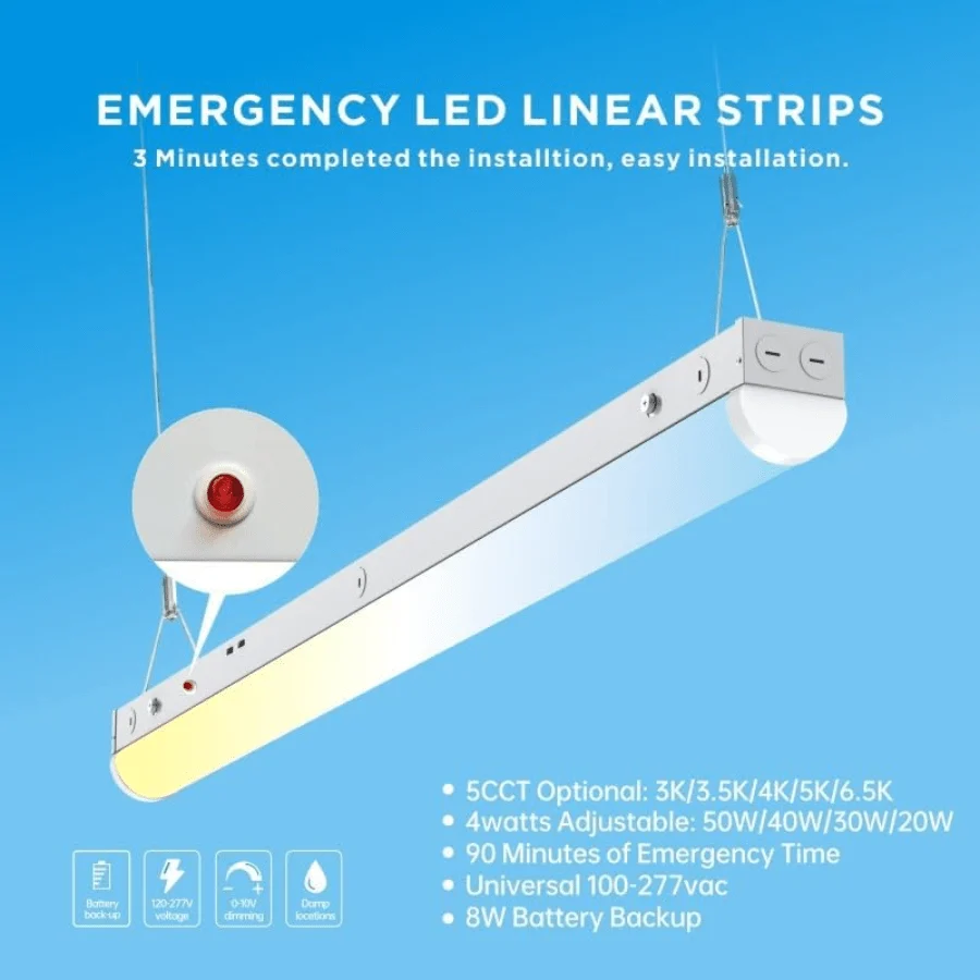 LED Shop Light, 4ft Linear Strip Fixture With 8W Emergency Battery Backup (90 Minutes), Adjustable 20W-50W, 6500LM, 5 Colors 3000K-6500K, ETL Linkable Ceiling Light