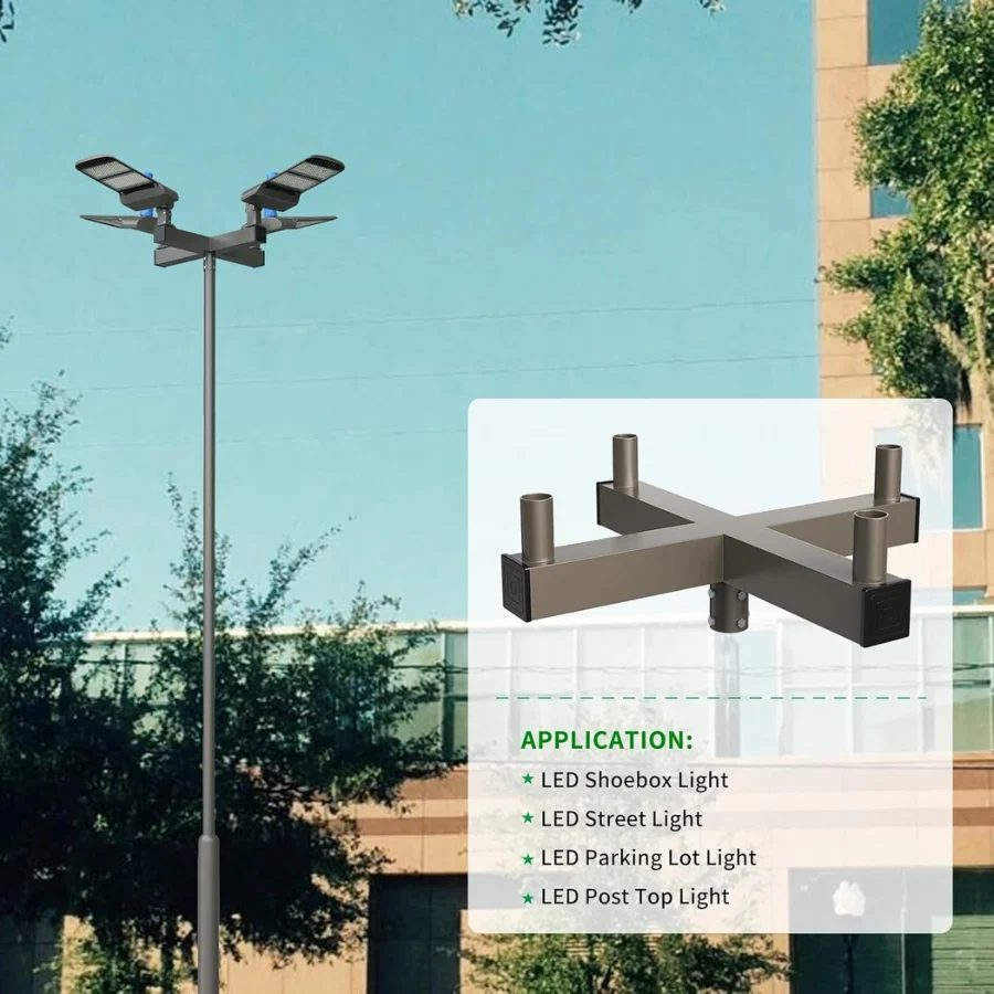 90 Degrees Bullhorn Tenon with 4 Arms Adapter, Mounting for 4 Light fixtures with Round Pole, Brown Color, Mounting Bracket LED Parking lot Lights, Outdoor LED Shoebox Pole Lights