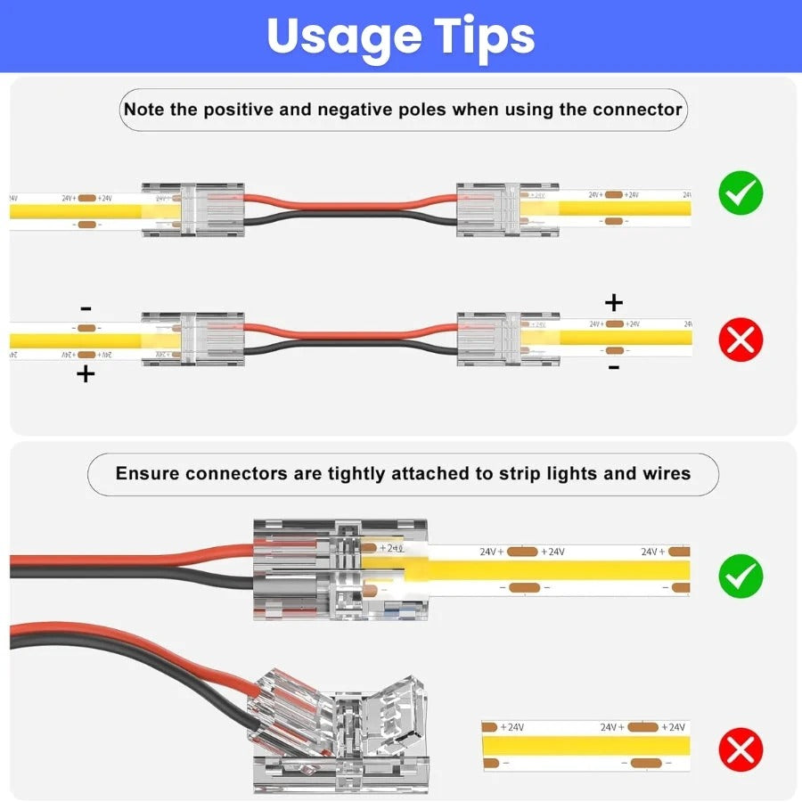 8mm Connectors for 2-Pin COB LED Strip, Strip-to-Wire Connectors, Solderless Extension Connectors for 5V/9V/12V/24V Single Color COB LED Strip Lights,for DIY Lighting Projects