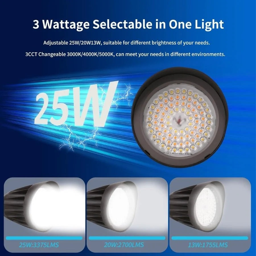 LED Flood Light 25W/20W/13W Bullet, 3CCT Switchable, 3375 Lumens, Knuckle Mount, 120-277V Dimmable IP65 Outdoor Commercial Lighting, Photocell, UL cUL