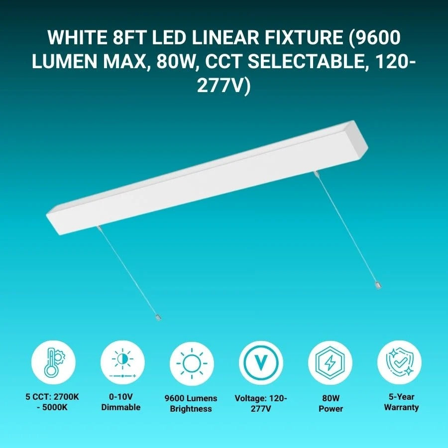 8FT Suspended Linear LED Light Fixture - 9600 Lumens, 80W, CCT Selectable, 120-277V, Dimmable, White Body