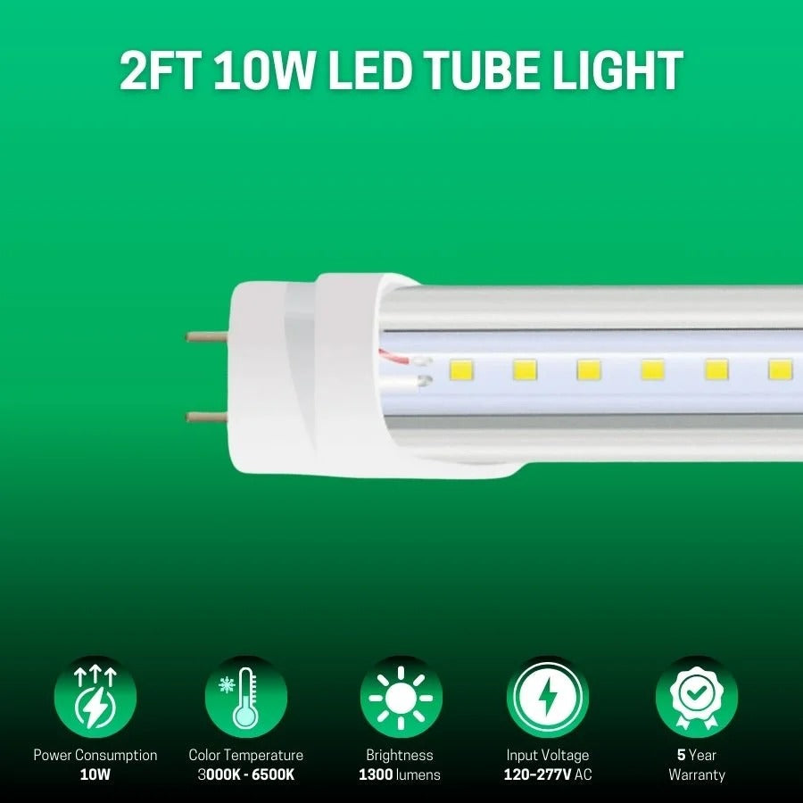 2FT LED Shop Light, 10W, Type A+B, Clear Glass, 1300 Lumens, G13 Base, Single/Double Ended, 120-277V AC, CRI 80+, LED Integrated Tube, Indoor Use, ETL Certified