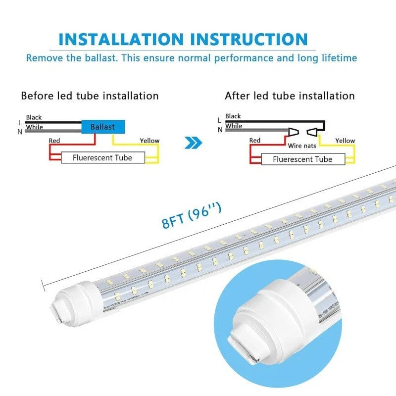 LED Tube Lights – Super Bright 8FT V-Shaped R17D/HO, 80W 10800lm, 270° Angle, 6500K Cool White, 4-Row, Clear Cover, Ballast Bypass, AC100-277V