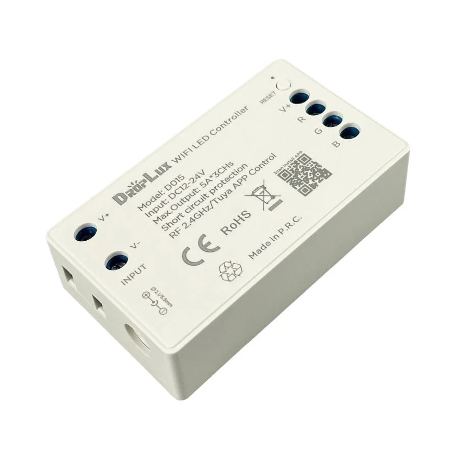 WiFi LED Controller D015/D016, 3-4CH 12-24V RGB/RGBW, 2.4GHz RF Remote, Tuya App, Alexa/Google Voice, 1024-Level PWM Dimmer, Short-Circuit Protected
