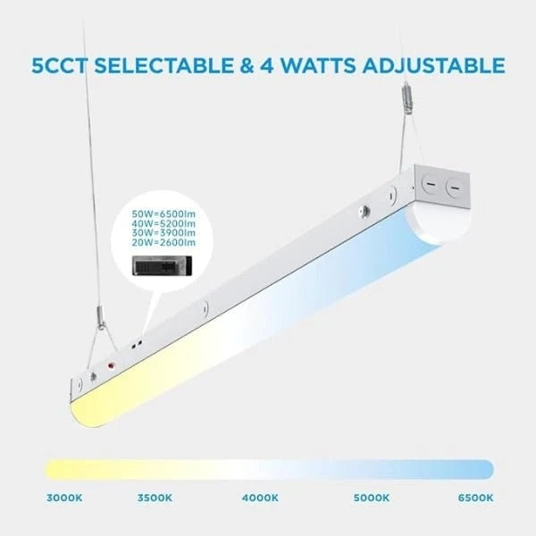 LED Shop Light, 4ft With Motion Sensor, Lighting Fixtures, Emergency Battery Backup, Adjustable 20W-50W, 6500LM, 5 Colors 3000K-6500K, ETL Linkable Ceiling Light