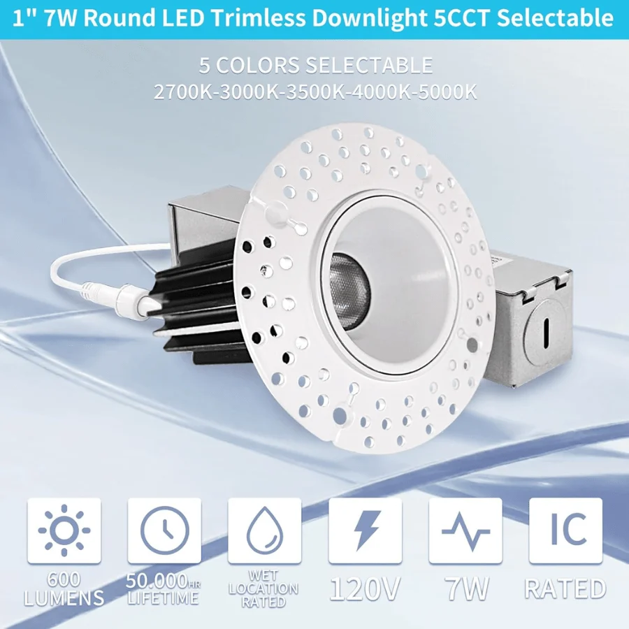 1 Inch 7W Round LED Trimless Downlight with Junction Box, 600 Lumens, 2700K/3000K/3500K/4000K/5000K Selectable, AC120V TRIAC/ELV dimmers, White Trim, IC Rated, CRI 90+ Wet Location ETL Listed