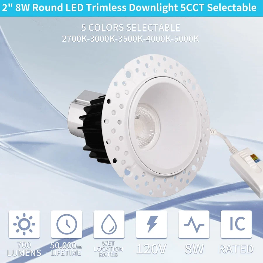 2 Inch 8W Round LED Trimless Downlight With Junction Box, 700 Lumens, 2700K/3000K/3500K/4000K/5000K Selectable, AC120V TRIAC/ELV Dimmers, White Trim, IC Rated, CRI 90+ Wet Location ETL Listed