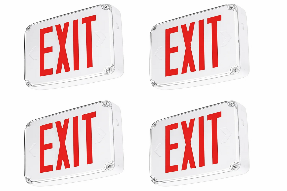 Wet Location Exit Sign – Red Weatherproof LED Emergency Light with 90-Minute Battery Backup, AC 120V/277V, UL Listed, Outdoor Lighting