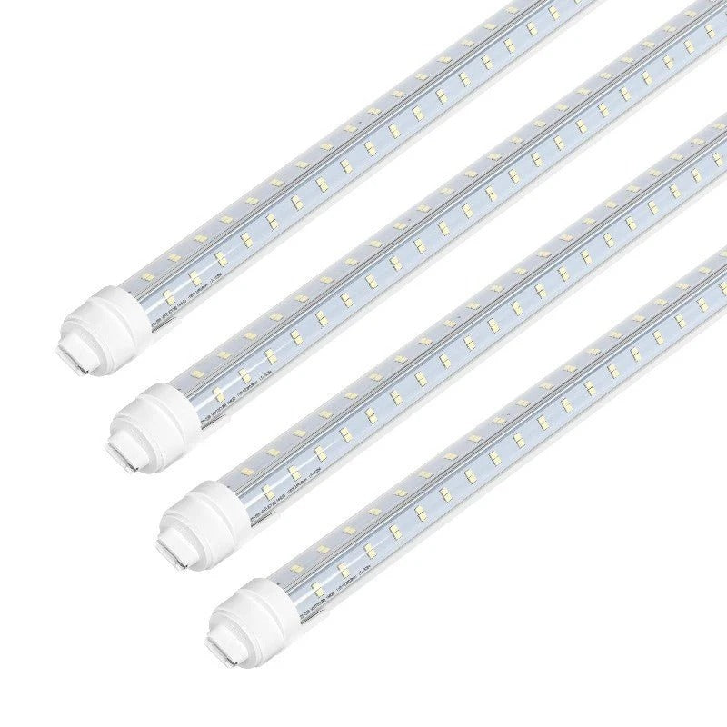 LED Tube Lights – Super Bright 8FT V-Shaped R17D/HO, 80W 10800lm, 270° Angle, 6500K Cool White, 4-Row, Clear Cover, Ballast Bypass, AC100-277V