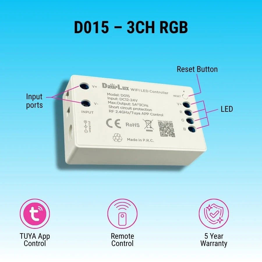 WiFi LED Controller D015/D016, 3-4CH 12-24V RGB/RGBW, 2.4GHz RF Remote, Tuya App, Alexa/Google Voice, 1024-Level PWM Dimmer, Short-Circuit Protected