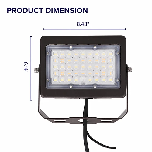 50W Max LED Flood Light with Yoke Mount – Selectable 30W/40W/50W & 3CCT (3000K–5000K), 7,250 Lumens, Photocell, 0-10V Dimmable, IP65, 250W MH Equivalent, UL/DLC Premium, 50,000 Hrs, 3-Year Warranty