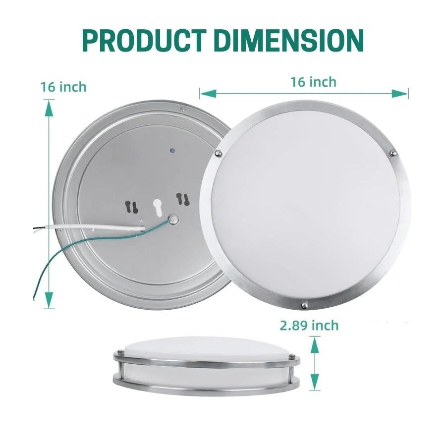 16 inch Dimmable LED Flush Mount Ceiling Light Fixture, Brushed Nickel, 26W, 2200LM, 2.7K/3.5K/4K/5K/6.5K Adjustable, 120deg Light Angle, CRI80, Ceiling Lamp for Bedroom, Kitchen, Office, ETL Listed