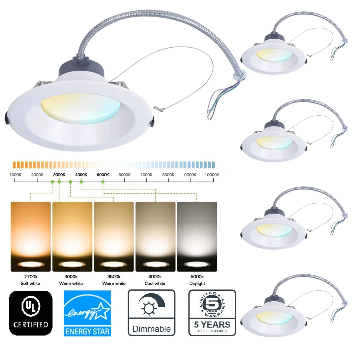 Recessed LED Lighting, 8 Inch, Commercial Recessed Downlights, Brightness 2400lms, Wattage Adjustable 12/20/30W, 0-10V Dimmable Ceiling Light Fixture, 5 CCT 2700K-5000K, 120-277V IC Rated UL & Energy Star