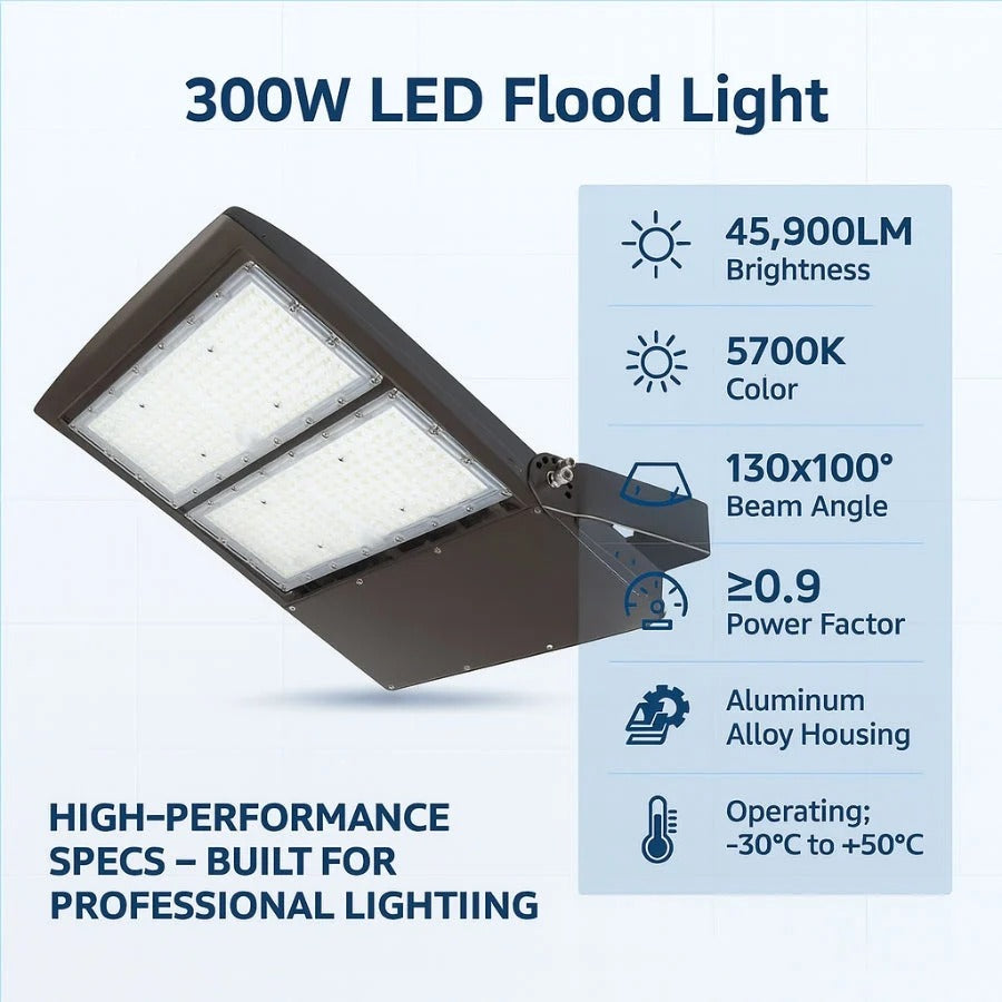 300W LED Area Flood Light – 40,500 Lumens, 5700K Cool White, Type V Distribution, 1000W Metal Halide Equivalent, Yoke Mount, IP65 Waterproof, DLC Premium, UL Certified, Dimmable 0-10V, 50,000 Hrs, 3-Year Warranty